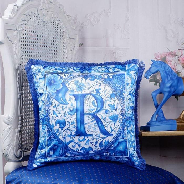 Alphabet R Indigo Cushion Cover Printed Cushions