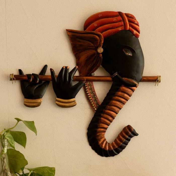 Bansuri Ganesha Wall Accent  |   Wall Accents Wall Accents Orange, Black, Brown