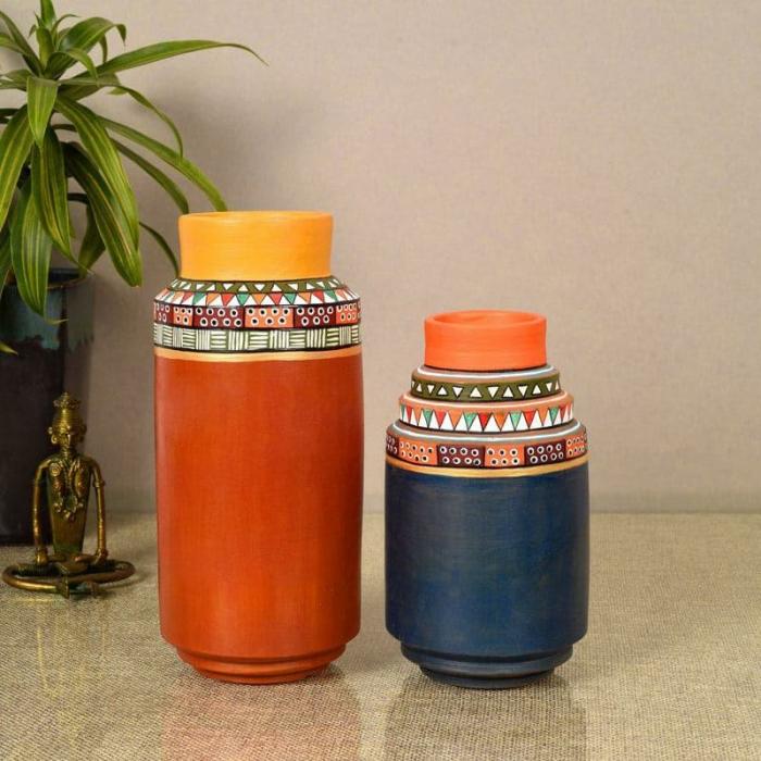 Bhumika Tribal Terracotta Vase – Set Of Two  |   Vases Showpieces, Vases & Accent Bowls Multicolor