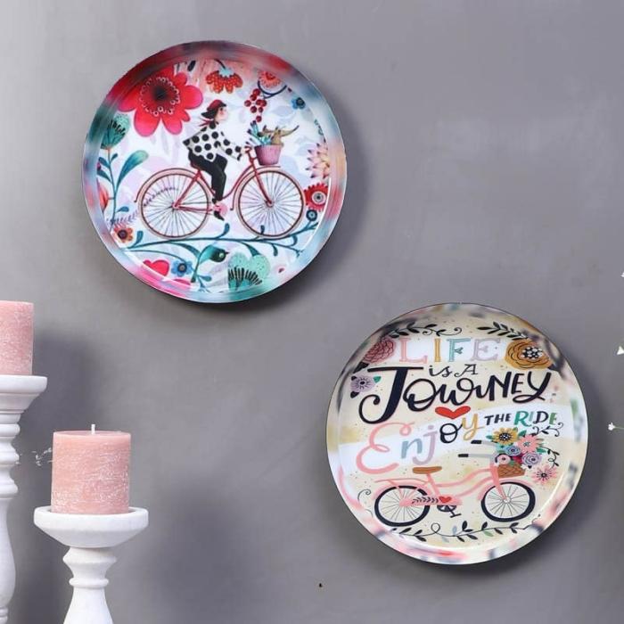 Bicycle Journey Wall Plate – Set Of Two  |   Wall Plates Wall Decor Beige, Pink