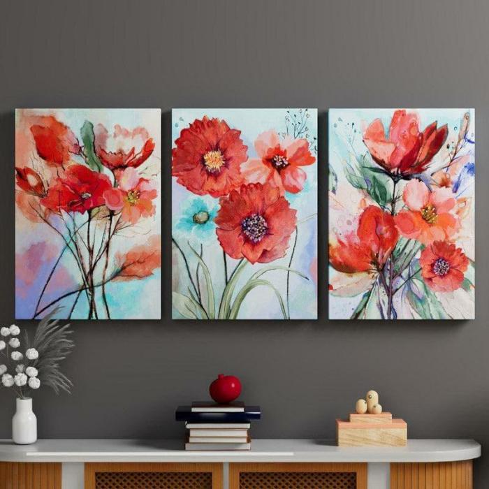 Bloom Parade Wall Painting – Set Of Three  |   Wall Art & Paintings Wall Art & Paintings Red, Blue