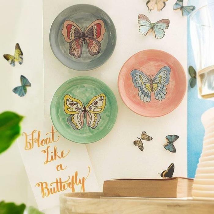 Butterflies Wall Plates – Set Of Three -Handpainted Stoneware  |   Wall Plates Wall Decor Green, Blue, Pink