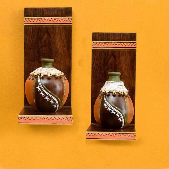 Coco Calm Wall Shelf With Earthen Vases – Set Of Four  |   Wall Accents Wall Accents Brown