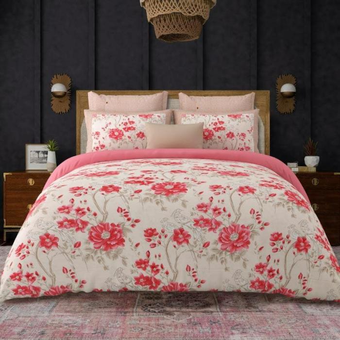 Flying Flowers Bedsheet  |   Floral Bedsheets Bedsheets Beige, Pink