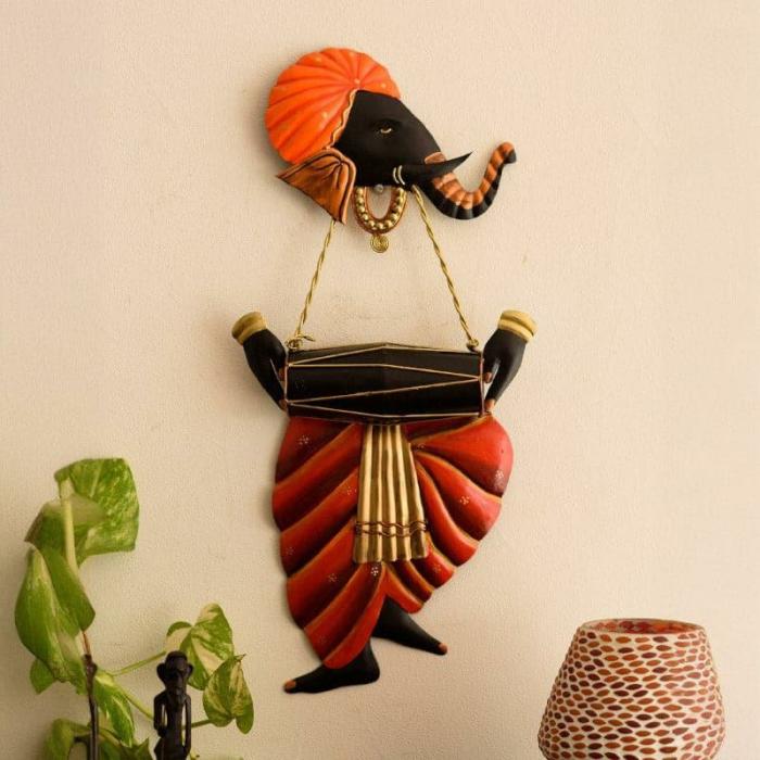 Ganesha With Dholak Wall Accent  |   Wall Accents Wall Accents Orange, Black