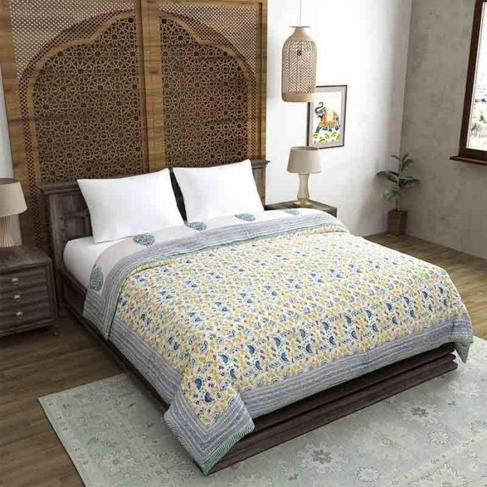 Gulabo Printed Razai  |   Dohars, Razai & Blankets Bedding Blue, White, Yellow