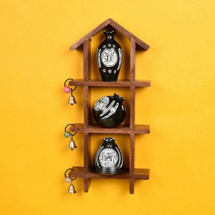 Home Charm Wall Shelf With Pot – Set Of Four  |   Wall Accents Wall Accents Brown, Black