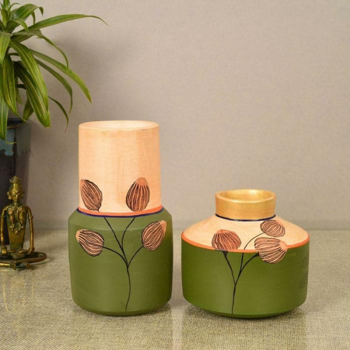 Kripasana Tribal Terracotta Vase – Set Of Two  |   Vases Showpieces, Vases & Accent Bowls Beige, Green