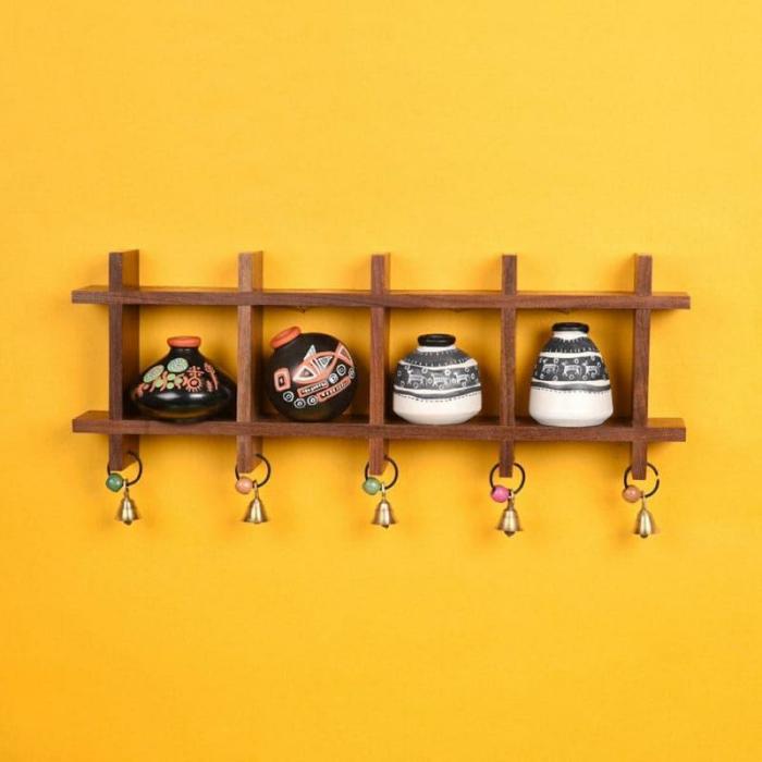 Pelu Grided Wall Shelf With Warli Pot – Set Of Five  |   Wall Accents Wall Accents Brown, Black