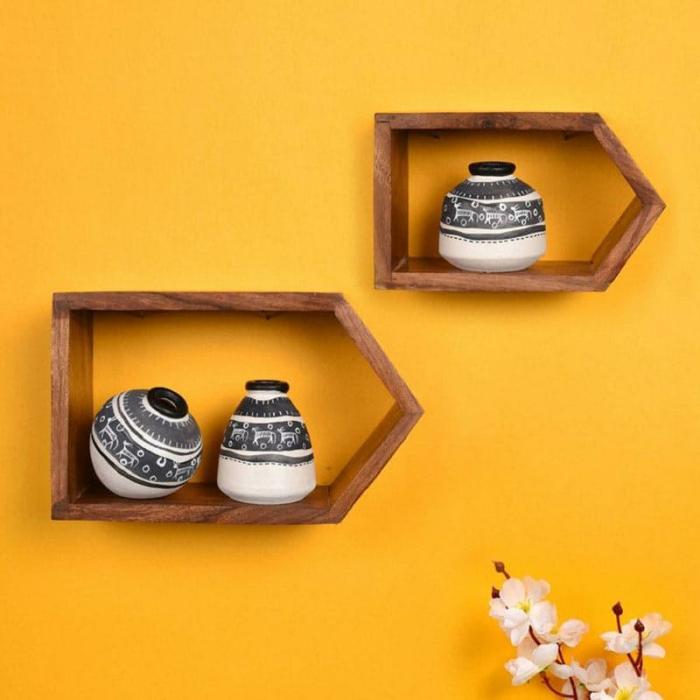 Priyank Wall Shelf With Multicolor Pots – Set Of Five  |   Wall Accents Wall Accents Brown