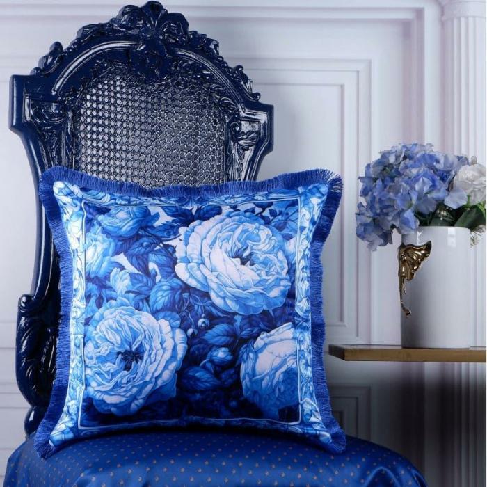 Rosy Charm Cushion Cover  |   Printed Cushions Cushion Covers Blue, White