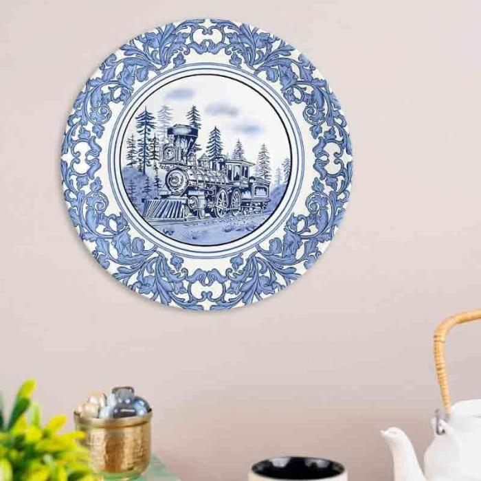 Train Pottery Inspired Decorative Plates  |   Wall Plates Wall Decor Blue, White