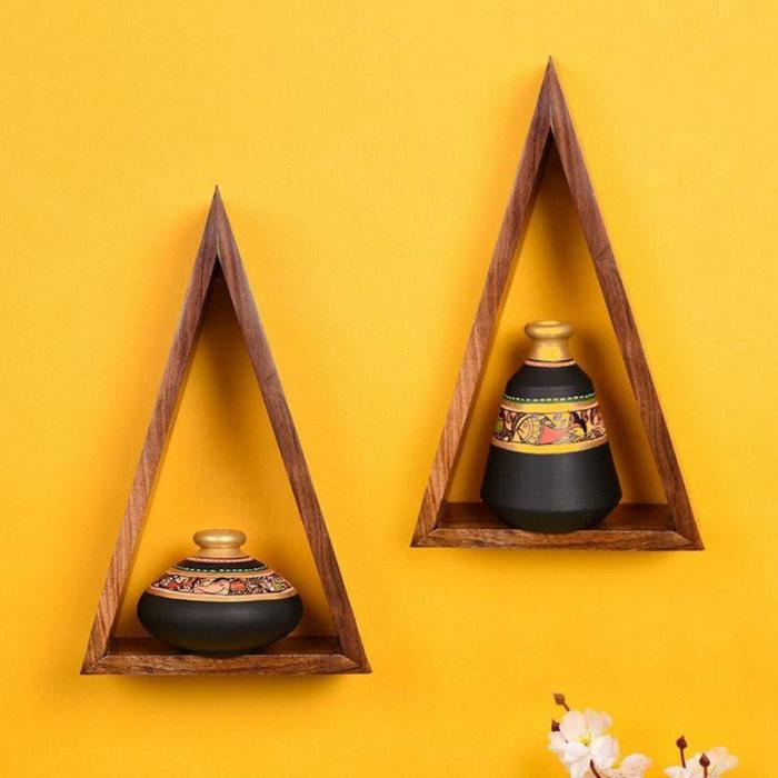 Triangle Tree Wall Shelf With Madhubani Pot – Set Of Four  |   Wall Accents Wall Accents Black, Gold, Brown