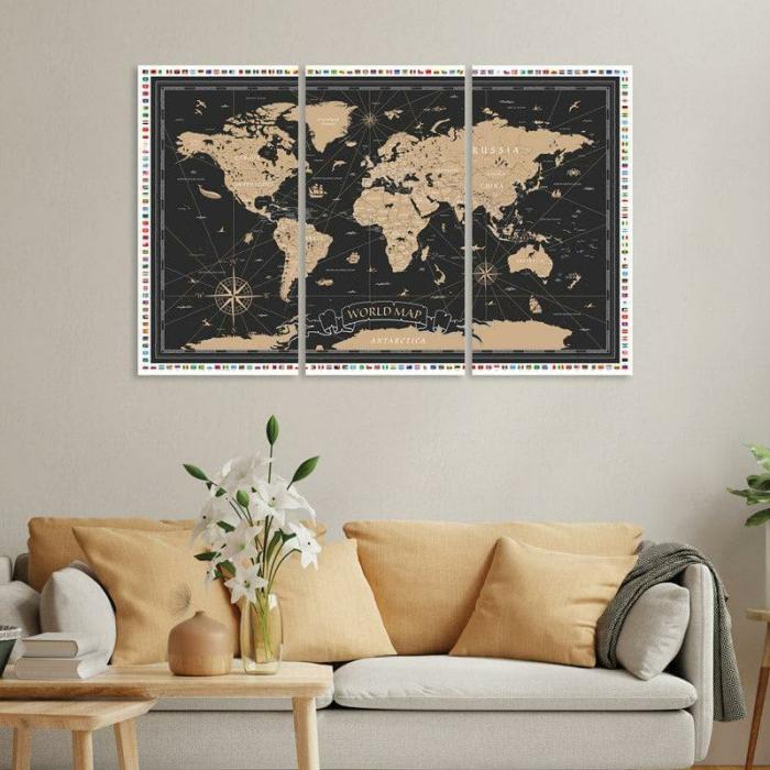 Vintage World Map Wall Art – Set Of Three  |   Wall Art & Paintings Wall Art & Paintings Black