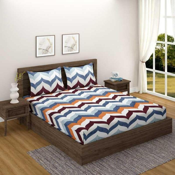 Witsy Wave Printed Bedsheet  |   Geometric Bedsheets Bedsheets Blue, Orange