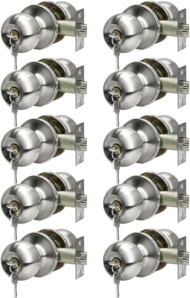 123$$Door Knob With Lock And Keys, Ball Stainless Steel Entry Door Lock With Keyed,Exterior/Interior Door Handles For Bedroom Or Bathroom,Satin Nickel,(10Pack) Door Hardware & Locks