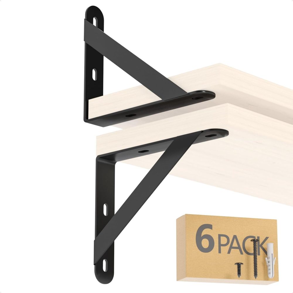 123$$5X4" Shelf Brackets 6-Pack, Shelf Support Shelf Holder Steel Wall Mount Heavy Duty Small L Shape Triangle 9 Degree Metal Black With Screws Anchors Soporte De Estante Shelf Brackets & Supports