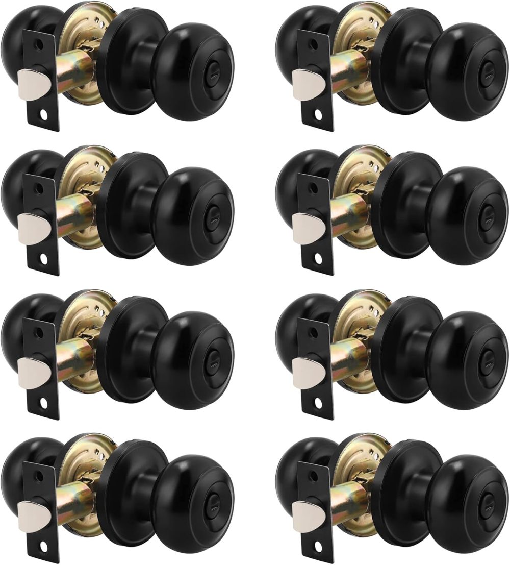 123$$(8 Pack Round Privacy Door Knob (Thumb Turn Lock On The Inside), Keyless Doorknobs Interior/Exterior Lockset, Privacy Knobs For Bedroom/Bathroom, Black Modern Design Door Hardware Door Hardware & Locks