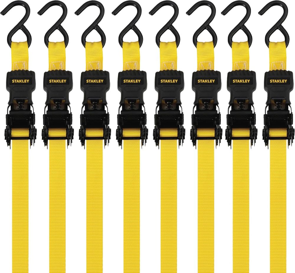 123$$S1000 Black/Yellow 1" X 10′ Ratchet Tie Down Straps – Light Cargo Hauling (1,500 Lbs Break Strength), 8 Pack Tarps & Tie-Downs