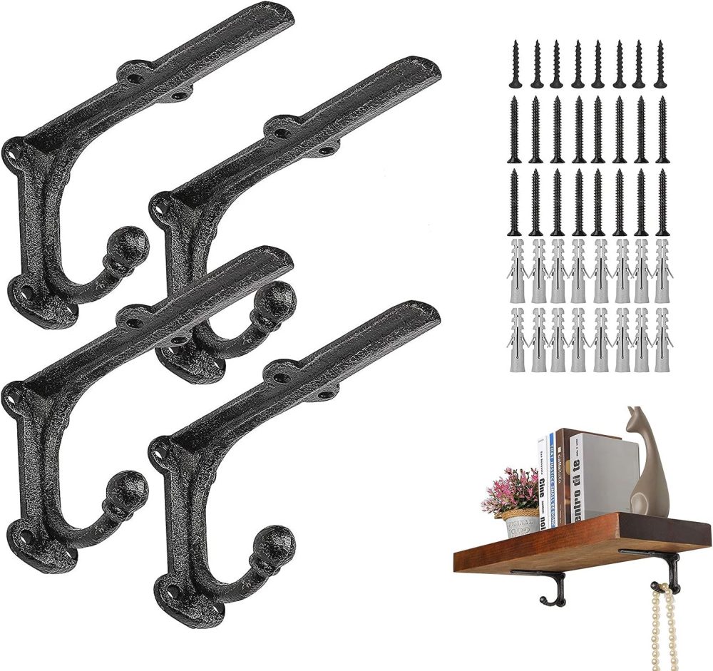 123$$Heavy Duty Floating Shelf Brackets & Supports 4 Pack, Iron Shelf Brackets 6 Inch, Black Shelf Bracket With Hook, Rustic Shelving Brackets For Floating Shelves Shelf Brackets & Supports