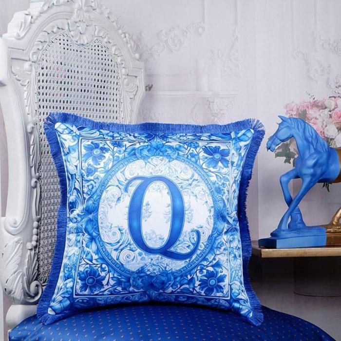 Alphabet Q Indigo Cushion Cover  |   Printed Cushions Cushion Covers Blue, White